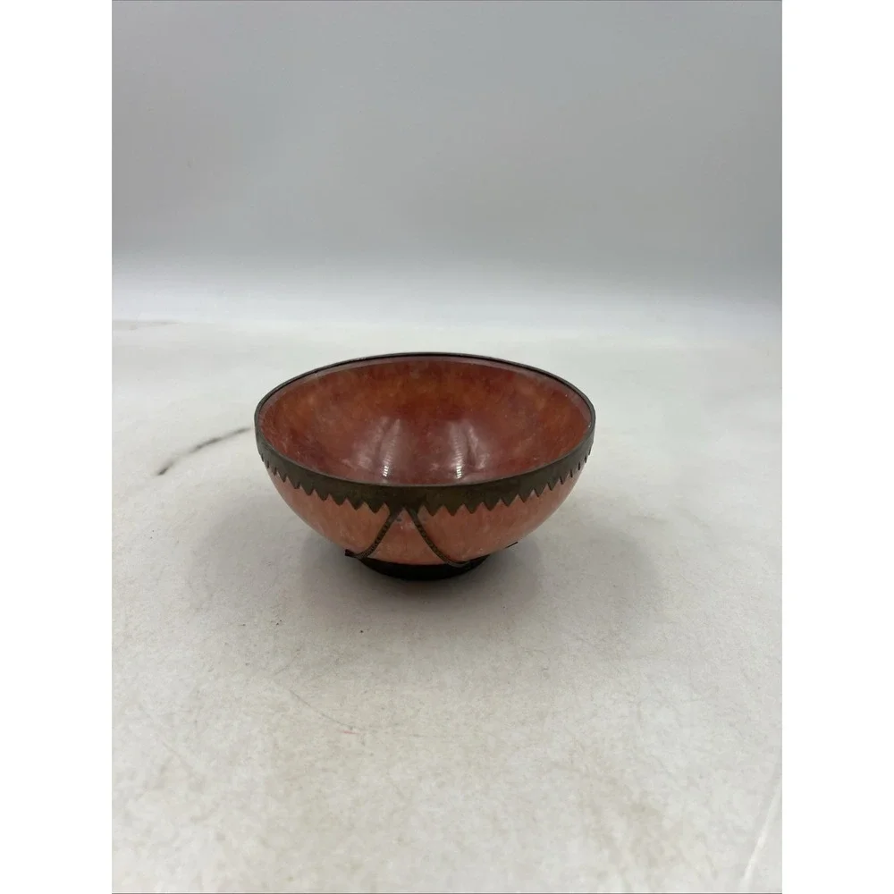 Antique Chinese Pink Crystal Soapstone Dragon & Phoenix Brass Bowl Home Decor